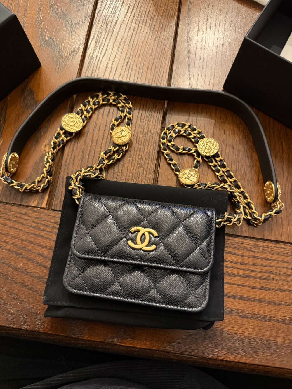 CHANEL Black Quilted Mini Wallet with Gold Chain and Hardware